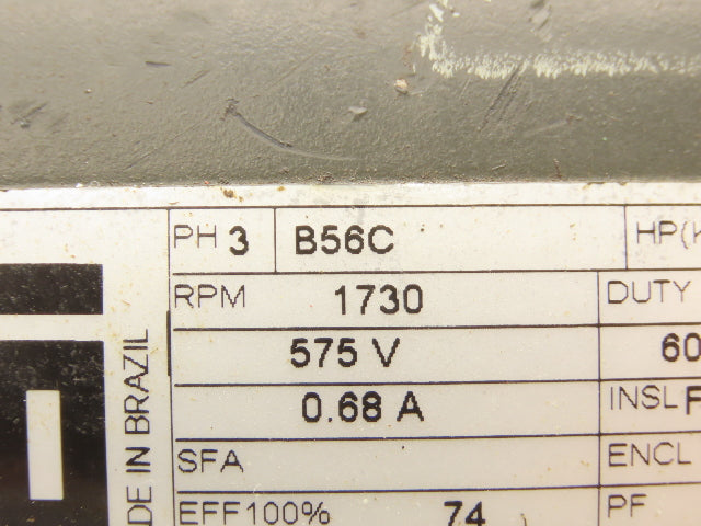 WEG FC.50504 Electric AC Motor 1/2Hp .37kw 1730 RPM 575V 3PH 56C 5/8" Shaft