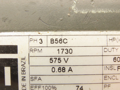 WEG FC.50504 Electric AC Motor 1/2Hp .37kw 1730 RPM 575V 3PH 56C 5/8" Shaft