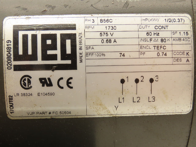 WEG FC.50504 Electric AC Motor 1/2Hp .37kw 1730 RPM 575V 3PH 56C 5/8" Shaft