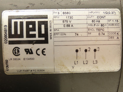 WEG FC.50504 Electric AC Motor 1/2Hp .37kw 1730 RPM 575V 3PH 56C 5/8" Shaft