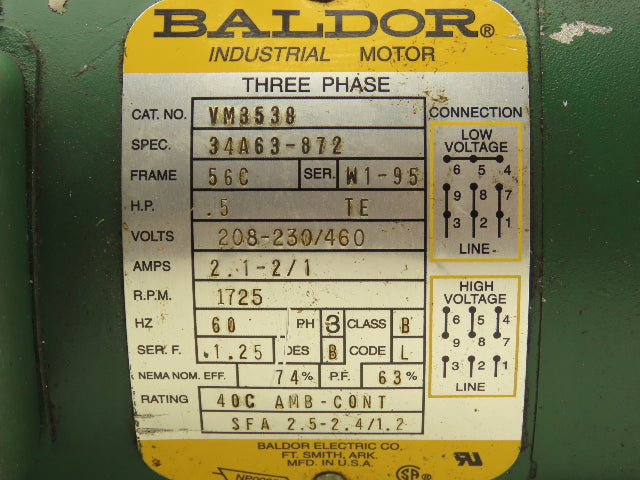Baldor VM3538 AC Motor 1/2Hp 1725 RPM 230/460V 3PH 56C with 4-Bolt Pump Flange