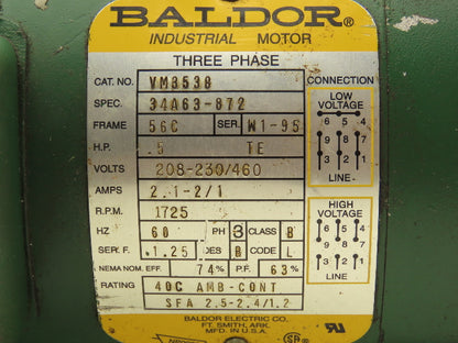 Baldor VM3538 AC Motor 1/2Hp 1725 RPM 230/460V 3PH 56C with 4-Bolt Pump Flange
