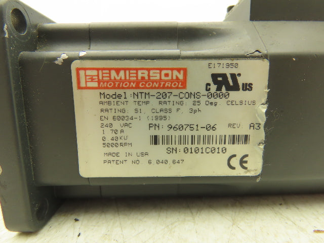 Emerson Motion Control NTM-207-CONS-0000 Servo Motor 0.40kw 5000rpm 240VAC 3PH