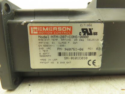 Emerson Motion Control NTM-207-CONS-0000 Servo Motor 0.40kw 5000rpm 240VAC 3PH