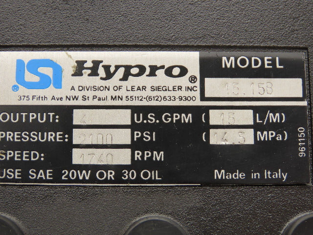 Hypro 15.15B Plunger Pump  1740RPM 2100 PSI 4GPM