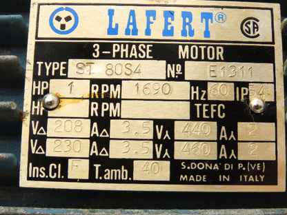 Lafert ST 80S4 Metric AC Motor 1Hp 1690rpm 230/460V 3PH IEC 80 Frame 19mm Shaft
