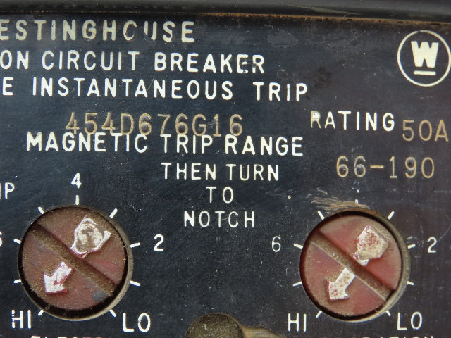 Westinghouse 454D676G16454 Circuit Breaker 50Amp 3 Pole 600VAC Magnetic Trip