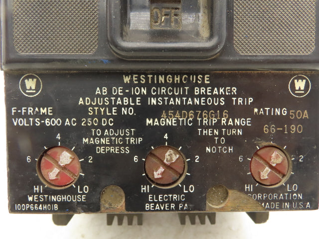 Westinghouse 454D676G16454 Circuit Breaker 50Amp 3 Pole 600VAC Magnetic Trip