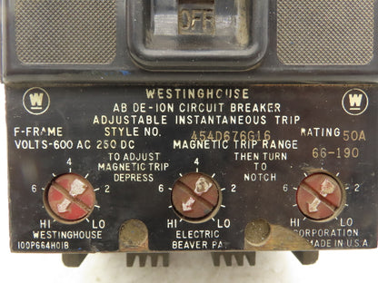Westinghouse 454D676G16454 Circuit Breaker 50Amp 3 Pole 600VAC Magnetic Trip