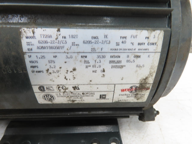 US Motors T729A AC Motor 3Hp 3530rpm 575V 3PH Type FUT 182T Frame 1-1/8" Shaft