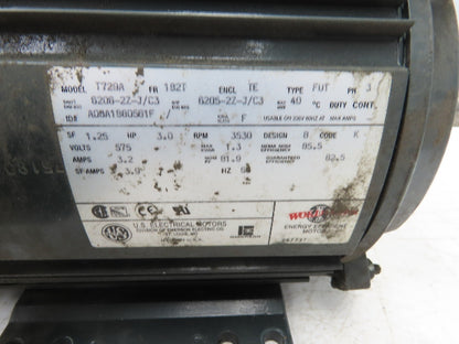 US Motors T729A AC Motor 3Hp 3530rpm 575V 3PH Type FUT 182T Frame 1-1/8" Shaft
