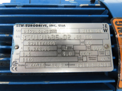 Sew Eurodrive DT90L6BMG2HR Brake Motor 1.5Hp 1140rpm 230/460V 3PH 90L 24mm Shaft