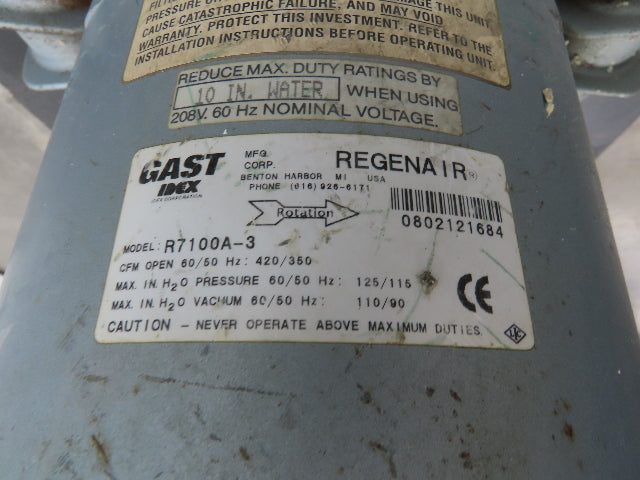 Kraemer Regenerative High Vacuum Pump 10Hp 3Ph 420CFM Oil-less Dust Collector