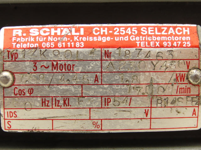 R.Schali 1ZK90L4 Metric AC Motor 1.8kw 1700rpm 230/460V 3PH 90L Frame 24mm Shaft