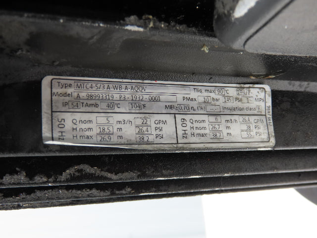 Grundfos MTC4-5/3 A-WB-A-AQQV Coolant Pump 26gpm 1.5Hp 230/460V 3PH 3/4"NPT