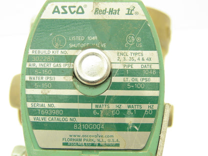 Asco Red-Hat 8210G004 Brass Solenoid Valve 1"NPT 120V 2-Way Normally Closed