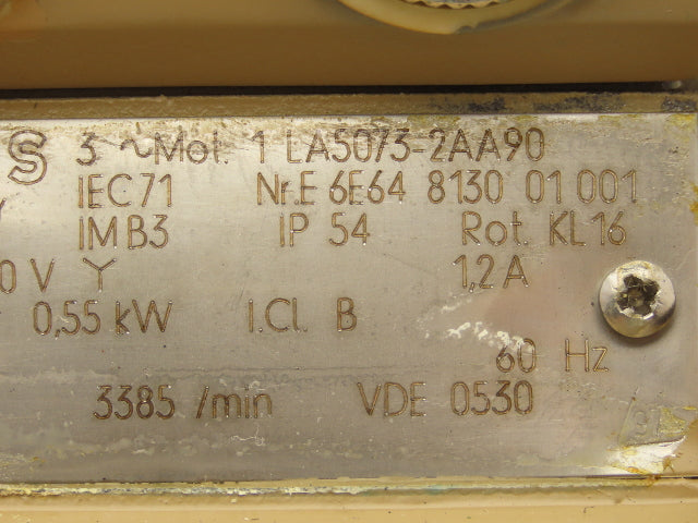 Siemens 1LA5073-2AA90 Metric AC Motor 0.55kw 3385rpm 460V 3PH IEC 71M 14mm Shaft