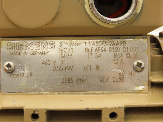 Siemens 1LA5073-2AA90 Metric AC Motor 0.55kw 3385rpm 460V 3PH IEC 71M 14mm Shaft