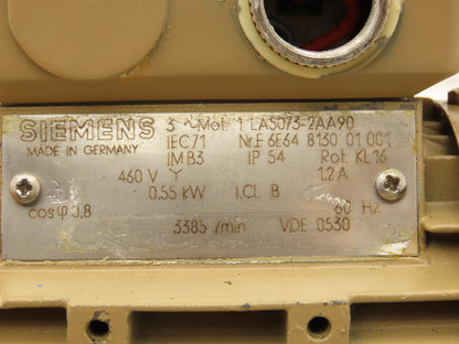 Siemens 1LA5073-2AA90 Metric AC Motor 0.55kw 3385rpm 460V 3PH IEC 71M 14mm Shaft