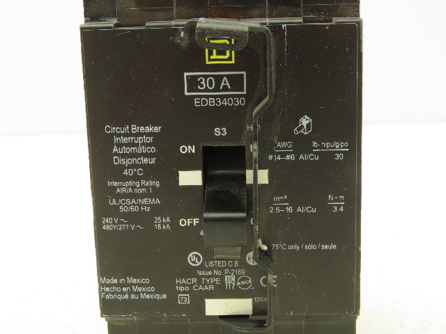Square D EDB34030 Circuit Breaker 30A 480V 3 Pole 3Ph EDB Padlockable
