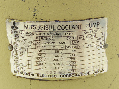 Mitsubishi NP-180J Coolant Suction Pump 180W 208/230V 3PH 1/2"NPT 65L/min