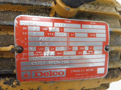 Delco G1354 AC Motor 2Hp 1730rpm 460V 3PH 184 Frame 7/8" Shaft