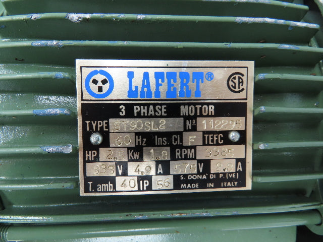 Lafert ST90SL2 Metric AC Motor 1.8kw 2.5Hp 3420rpm 333/575V 3PH 90L 24mm Shaft