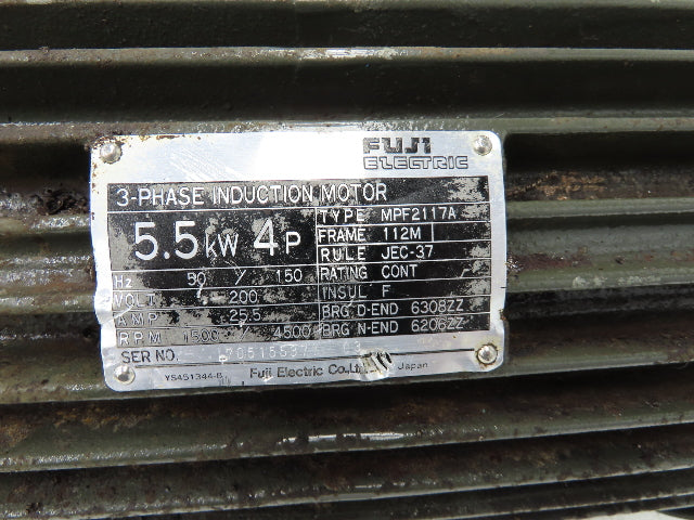 Fuji Electric MPF2117A Spindle Motor 5.5kw 7.3Hp 1500/4500rpm 200/208V 3PH 112M