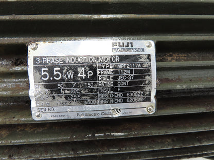 Fuji Electric MPF2117A Spindle Motor 5.5kw 7.3Hp 1500/4500rpm 200/208V 3PH 112M