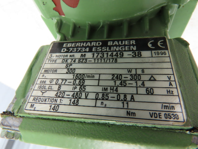 Bauer DK74SZ3-1111/178 Gearmotor 0.3kw 148:1 Ratio 11rpm 220-480 3PH LH Output