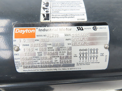 Dayton 4LX33 AC Motor 3Hp 1765RPM 230/460V 3PH 182TC TE 1-1/8" Shaft 1/4" Keyway