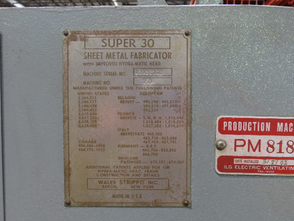Strippit Fabricator Super 30 Single Punch Press 30 Ton 230/460V Foot Switch
