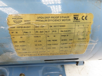 Worldwide Electric ODP20-36-254T AC Motor 20Hp 3532 RPM 230/460V 3PH 254T ODP