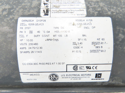 US Motors D10P2B AY06 AC Motor 10Hp 1765 RPM 230/460V 3PH 215T ODP Air Over