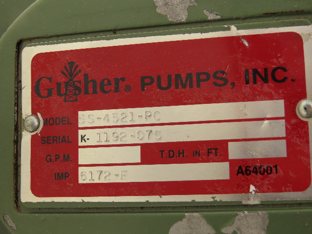 Gusher Pumps 5S-4521-PC Cast Centrifugal Pump 1/4Hp 3450rpm 208-230/460VAC 3PH