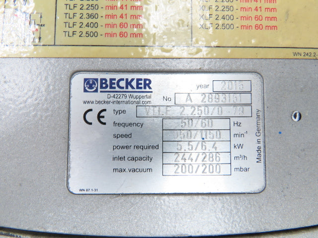 Becker VTLF 2.250/0-79 Rotary Vane Vacuum Pump 169CFM 8.9Hp 230/460V 3PH Oilless