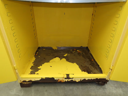 Jamco FM90 Safety Flammable Cabinet 60 Gallon Double Shelf Yellow Rusted Base