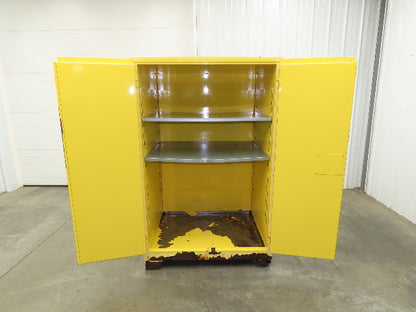 Jamco FM90 Safety Flammable Cabinet 60 Gallon Double Shelf Yellow Rusted Base