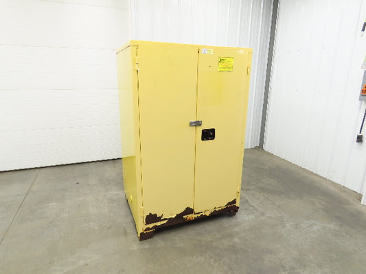 Jamco FM90 Safety Flammable Cabinet 60 Gallon Double Shelf Yellow Rusted Base