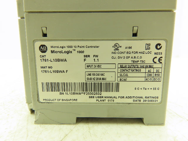 Allen Bradley 1761-L10BWA MicroLogix 1000 Programmable Controller Ser F FW 1.1