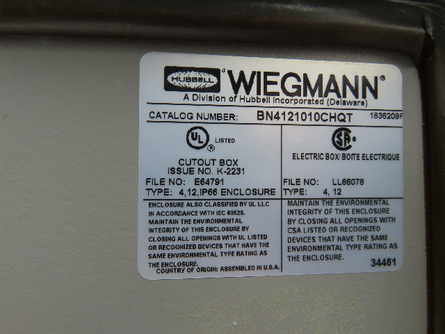 Wiegmann BN4121010CHQT Electrical Enclosure Junction Box 12x10x10" Type 12 Gray