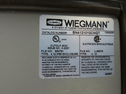 Wiegmann BN4121010CHQT Electrical Enclosure Junction Box 12x10x10" Type 12 Gray