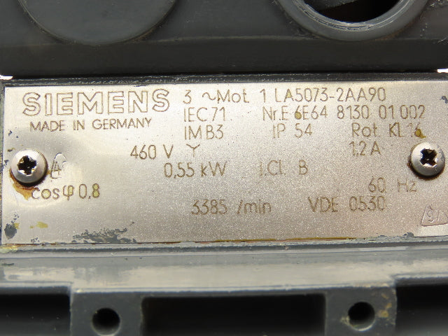 Siemens 1LA5073-2AA90 Metric AC Motor 0.55kw 3385rpm 460V 3PH IEC 71M