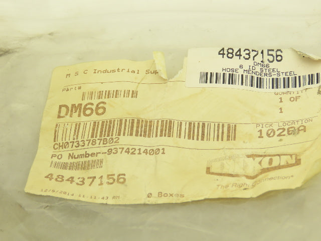 Dixon Valve DM66 6" Hose ID Barb x Barb Steel Fitting Hose Mender 10"L