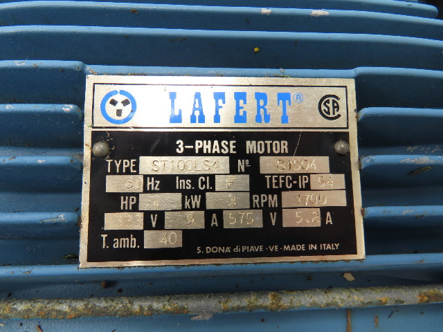 Lafert ST100LS4 AC Motor 4Hp 3kW 1700rpm 333/575VAC 3Ph 100L TEFC B1504