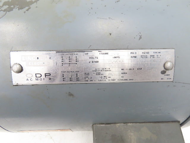 Lincoln Electric Type KM AC Motor 20Hp 1750 RPM 230/460V 3PH 256TC ODP Air Over