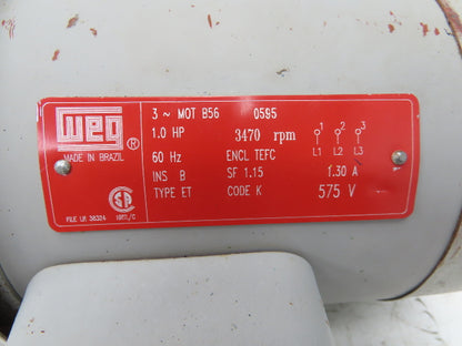 Weg MOT B56 0595 ET AC Motor 1Hp 3470 RPM 575V 3PH 56C TEFC LR 38324