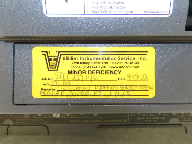 Siemens WLL2F330 Air Circuit Breaker 600VAC 3000A Switchgear 	ETU745 Cubicle Bus