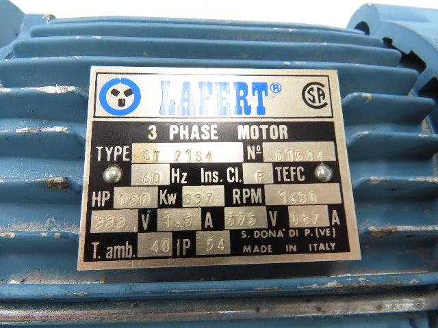 Lafert ST 71S4 AC Motor 1/2Hp 0.37kW 1630rpm 333/575VAC 3Ph 71L TEFC D1544