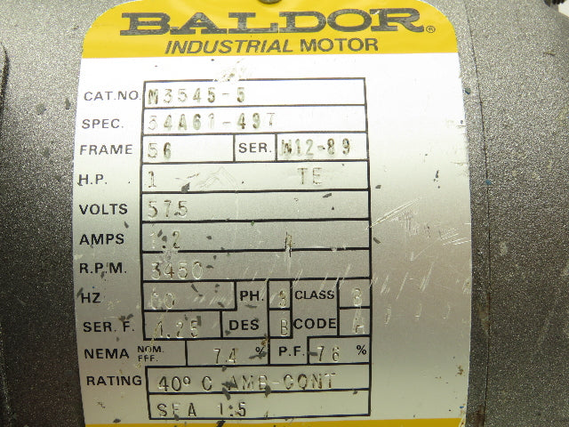 Baldor M3545-5 AC Motor 1Hp 1.2A 3450rpm 575VAC 3Ph 56C TEFC 34A61-497